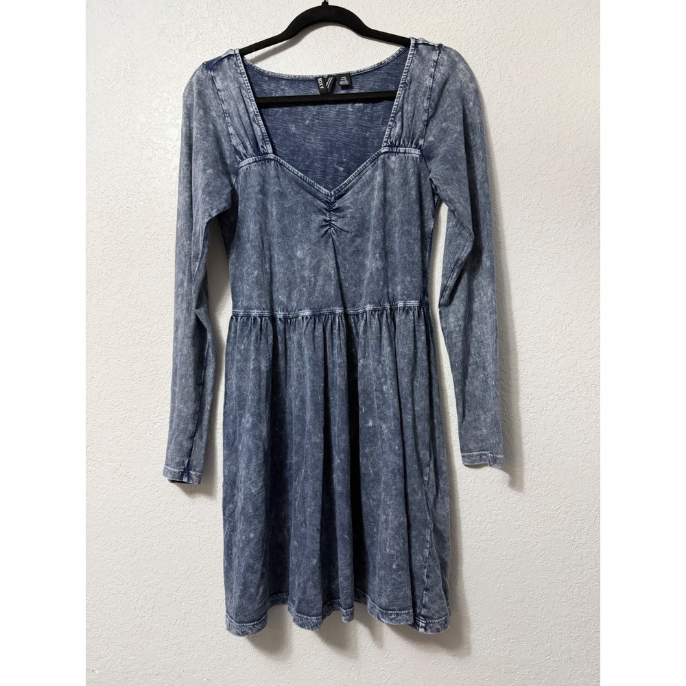 Roxy Women Blue Acid Wash Long Sleeve Sweetheart Mini Dress M Surfer Festival